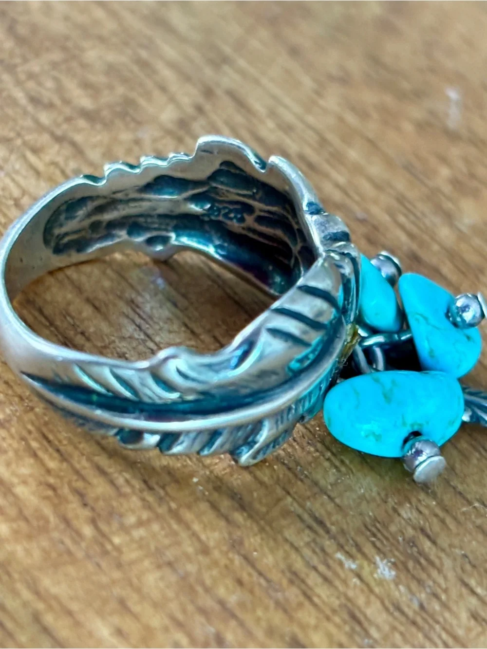 Vintage Turquoise Nuggets Feather Charm Sterling Silver Ring - size 5.5 - Picture 8 of 14